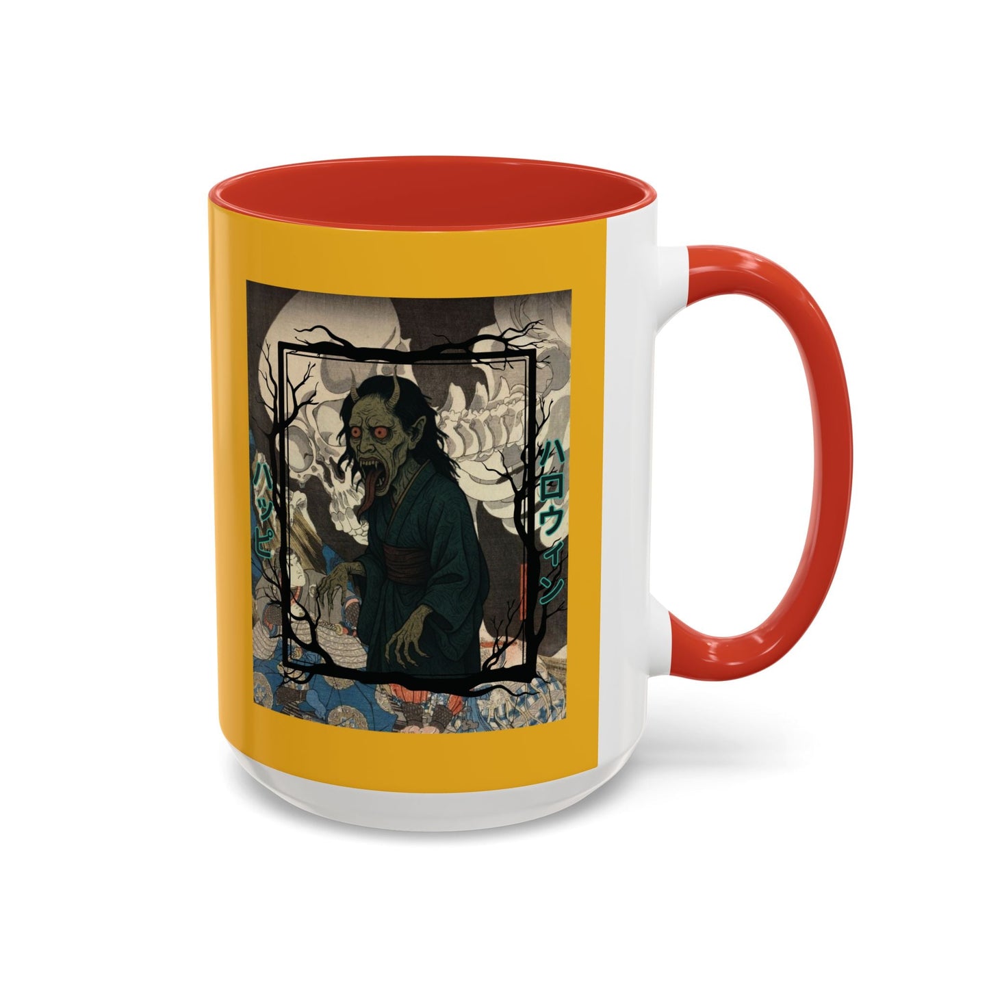 Yōkai Happy Halloween Yellow Accent Mug by cypherpunkgear.com – cypherpunkgear.com | Cypherpunk Merch