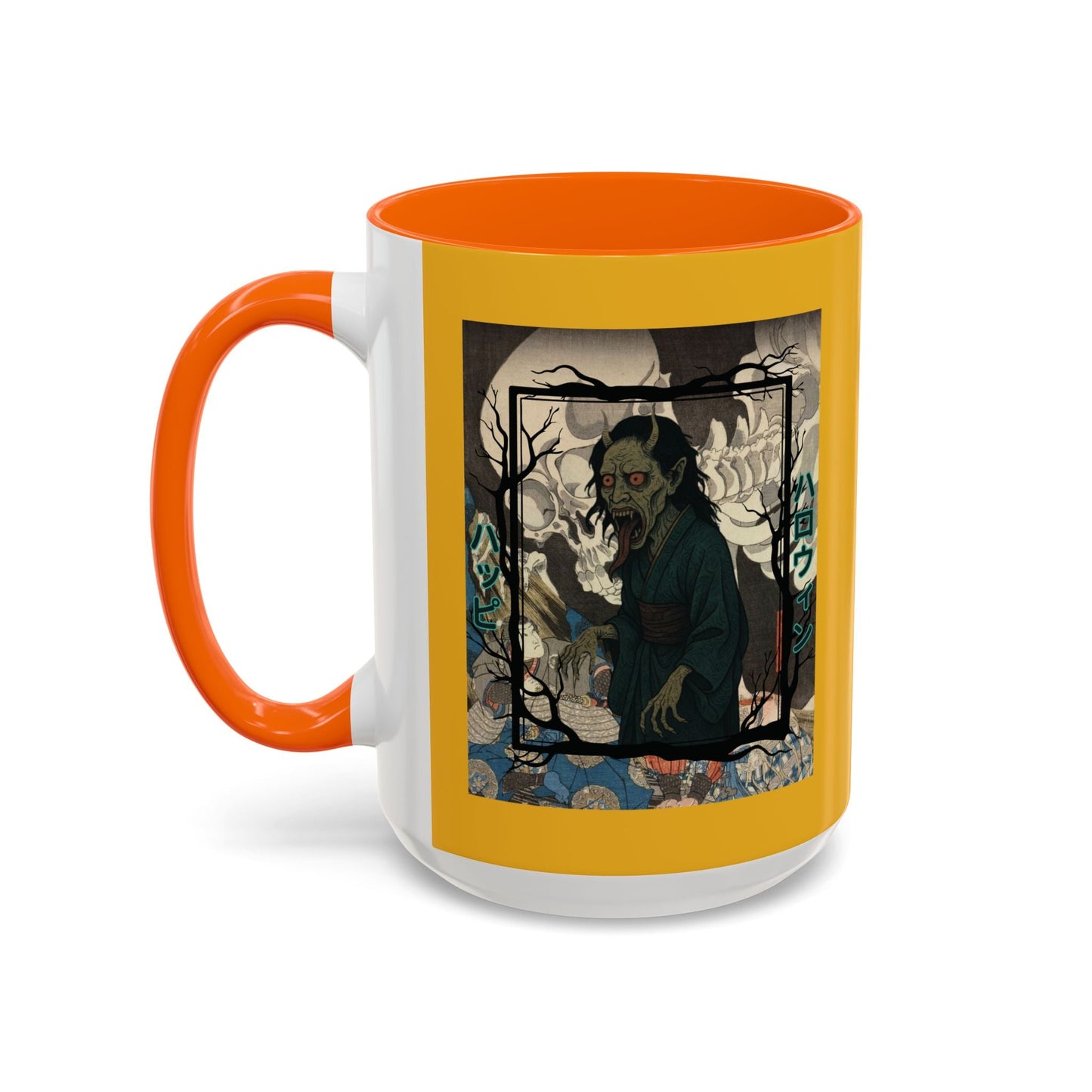 Yōkai Happy Halloween Yellow Accent Mug by cypherpunkgear.com – cypherpunkgear.com | Cypherpunk Merch