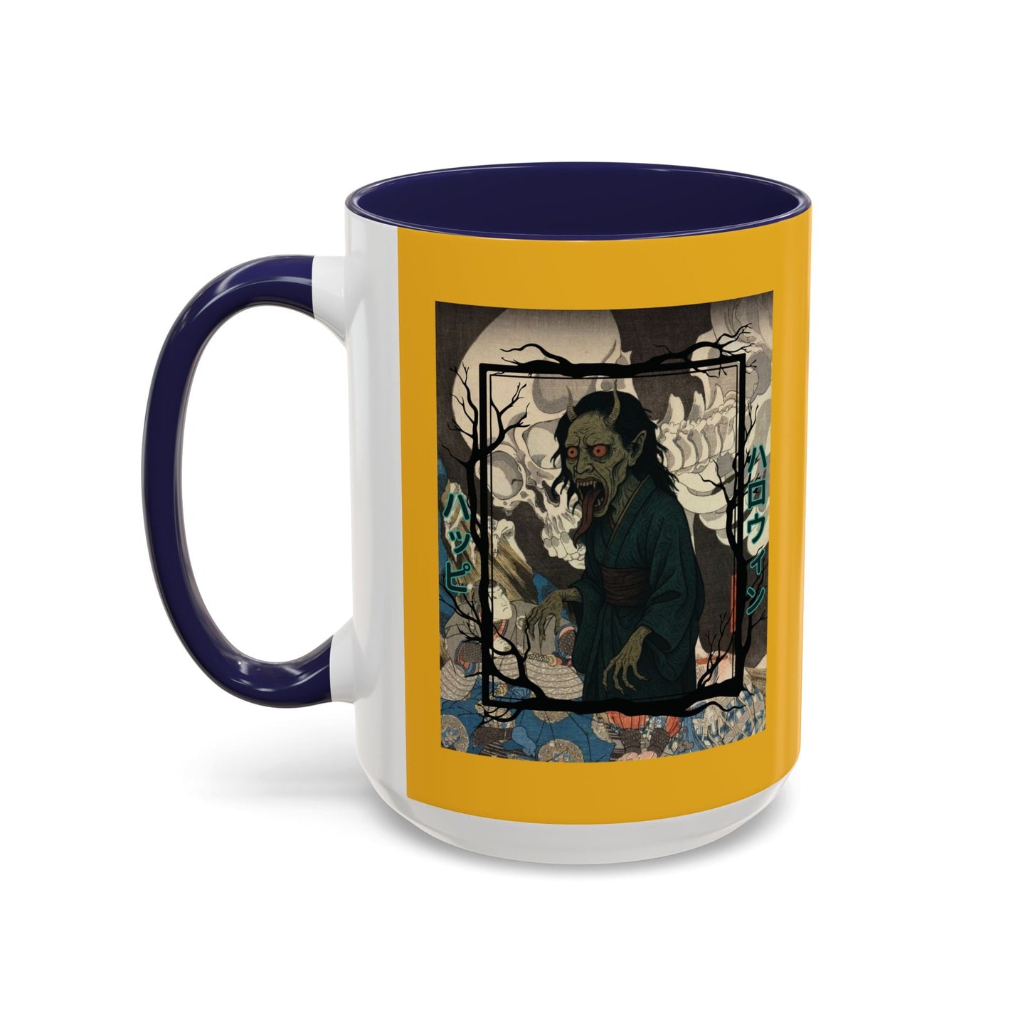 Yōkai Happy Halloween Yellow Accent Mug by cypherpunkgear.com – cypherpunkgear.com | Cypherpunk Merch