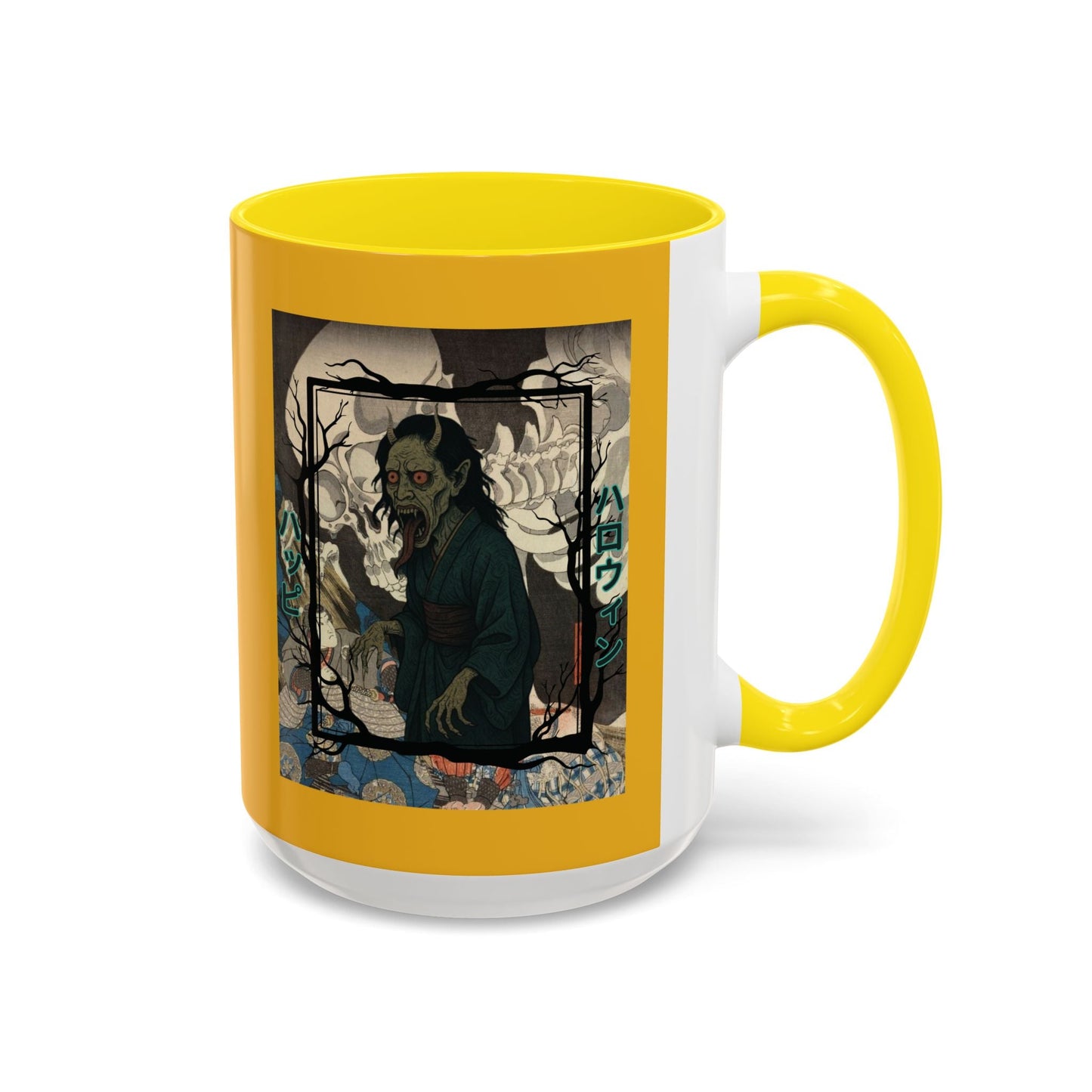 Yōkai Happy Halloween Yellow Accent Mug by cypherpunkgear.com – cypherpunkgear.com | Cypherpunk Merch