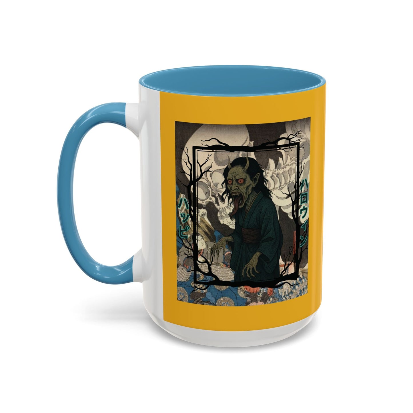 Yōkai Happy Halloween Yellow Accent Mug by cypherpunkgear.com – cypherpunkgear.com | Cypherpunk Merch