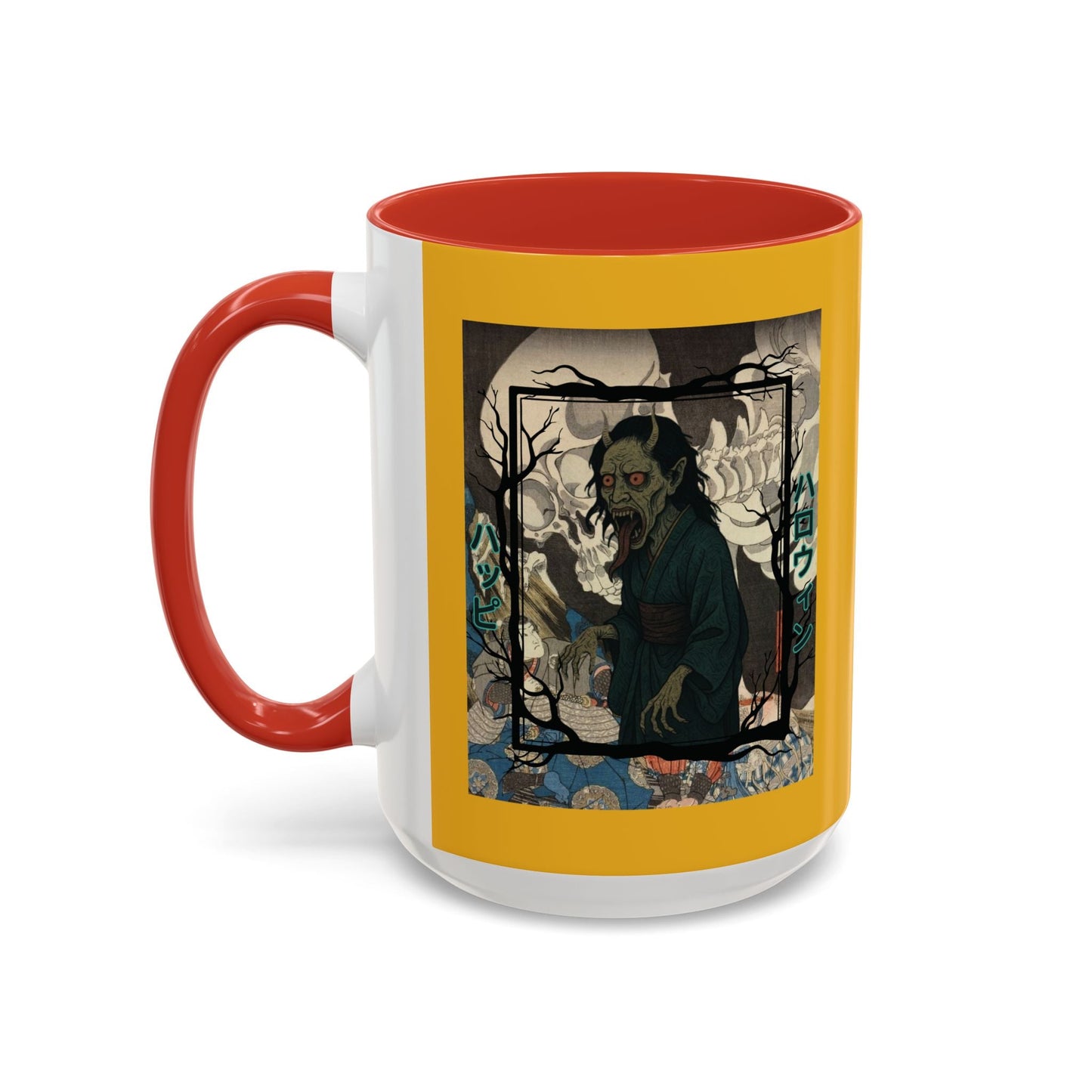Yōkai Happy Halloween Yellow Accent Mug by cypherpunkgear.com – cypherpunkgear.com | Cypherpunk Merch