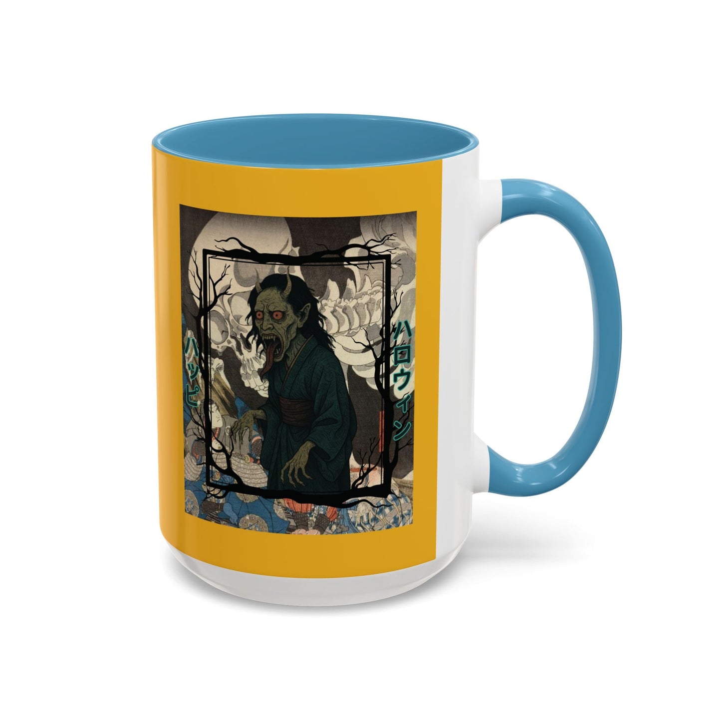 Yōkai Happy Halloween Yellow Accent Mug by cypherpunkgear.com – cypherpunkgear.com | Cypherpunk Merch