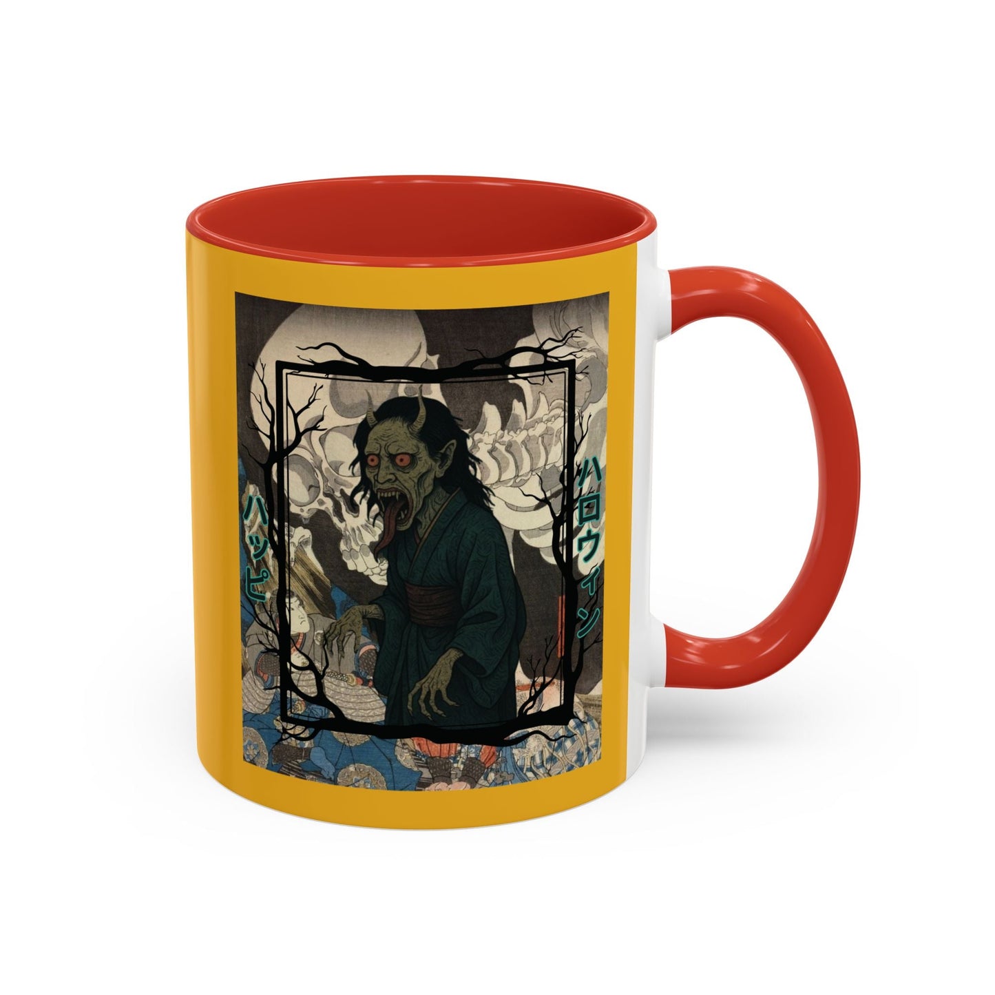 Yōkai Happy Halloween Yellow Accent Mug by cypherpunkgear.com – cypherpunkgear.com | Cypherpunk Merch