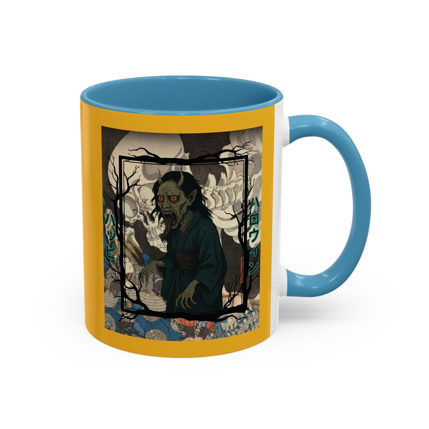 Yōkai Happy Halloween Yellow Accent Mug by cypherpunkgear.com – cypherpunkgear.com | Cypherpunk Merch