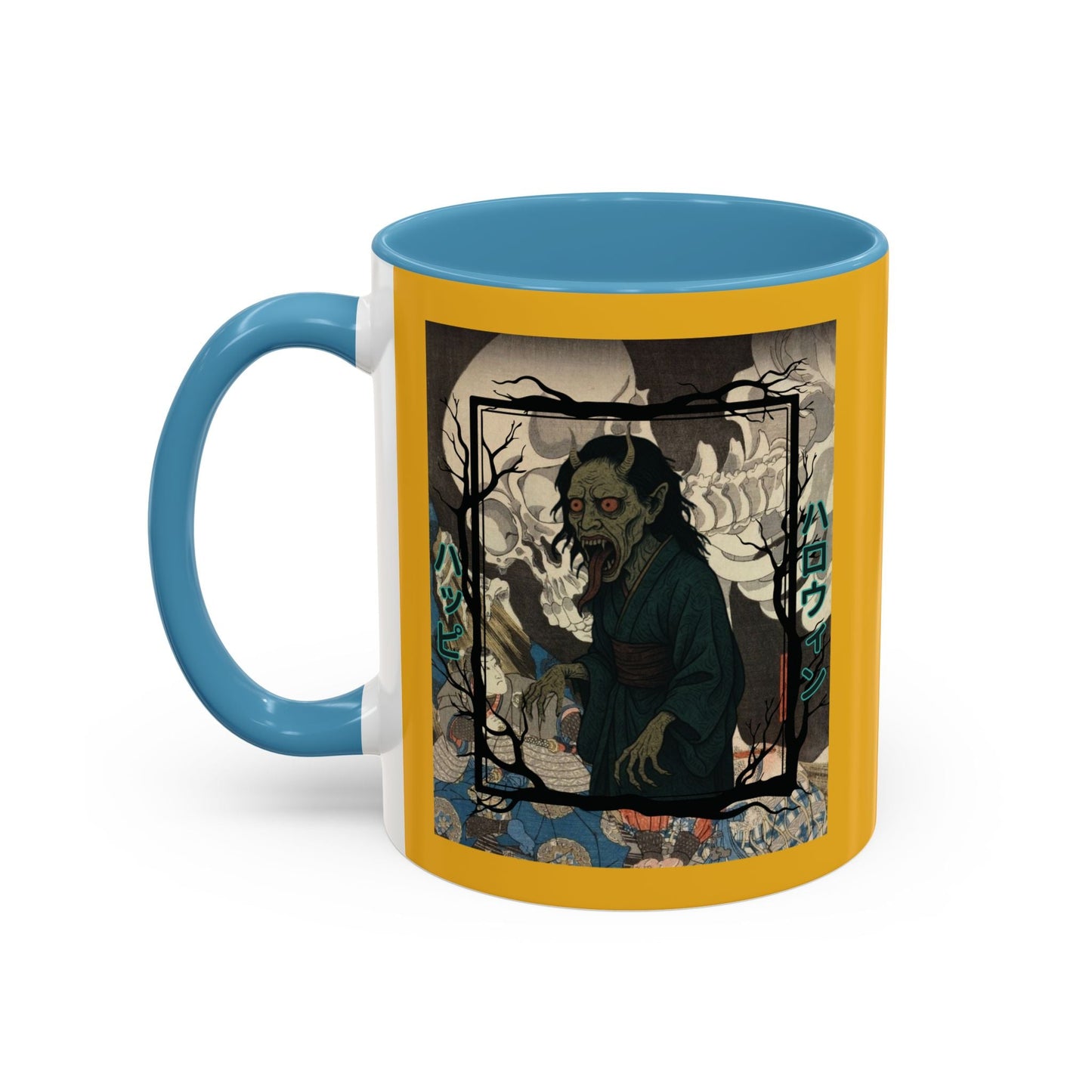 Yōkai Happy Halloween Yellow Accent Mug by cypherpunkgear.com – cypherpunkgear.com | Cypherpunk Merch