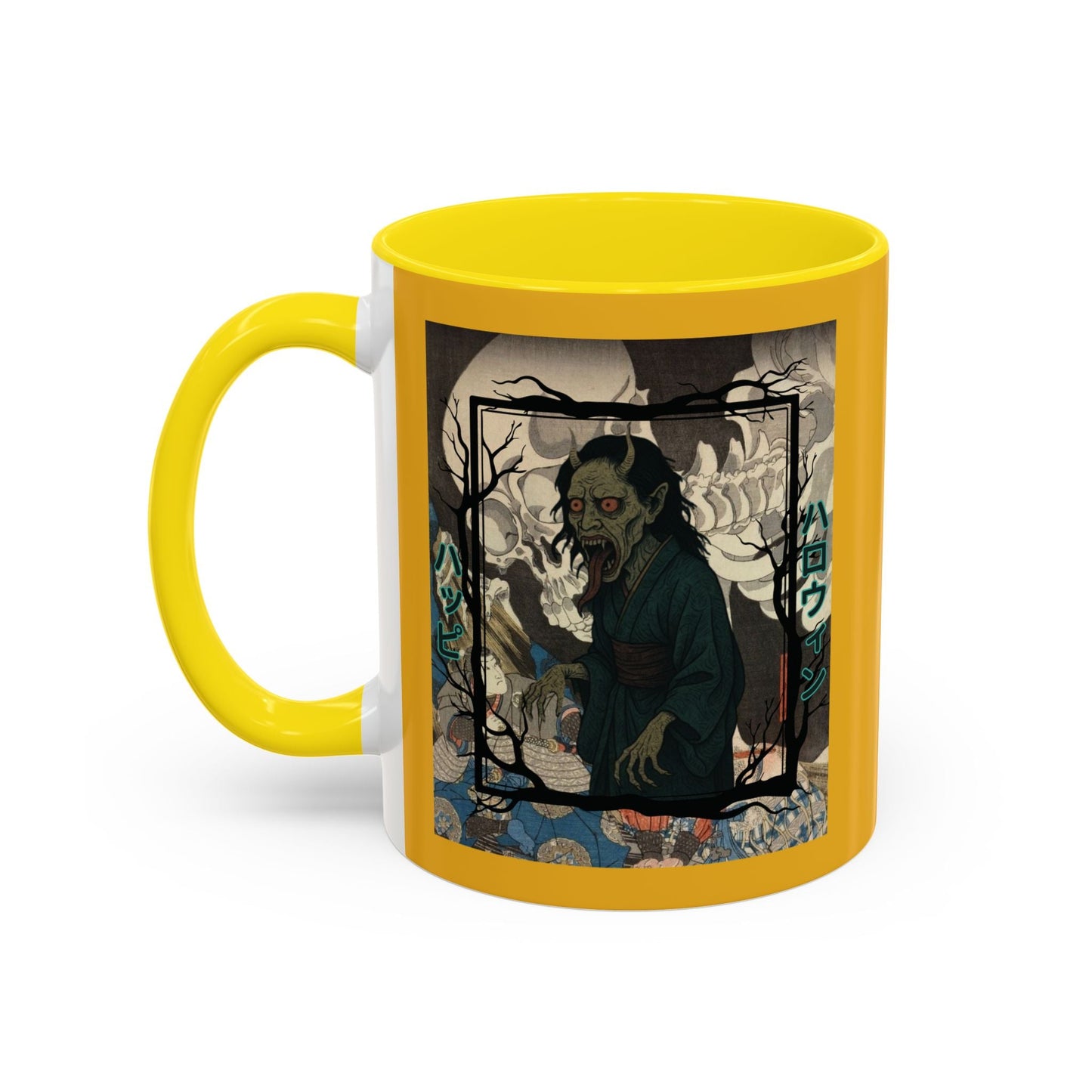 Yōkai Happy Halloween Yellow Accent Mug by cypherpunkgear.com – cypherpunkgear.com | Cypherpunk Merch