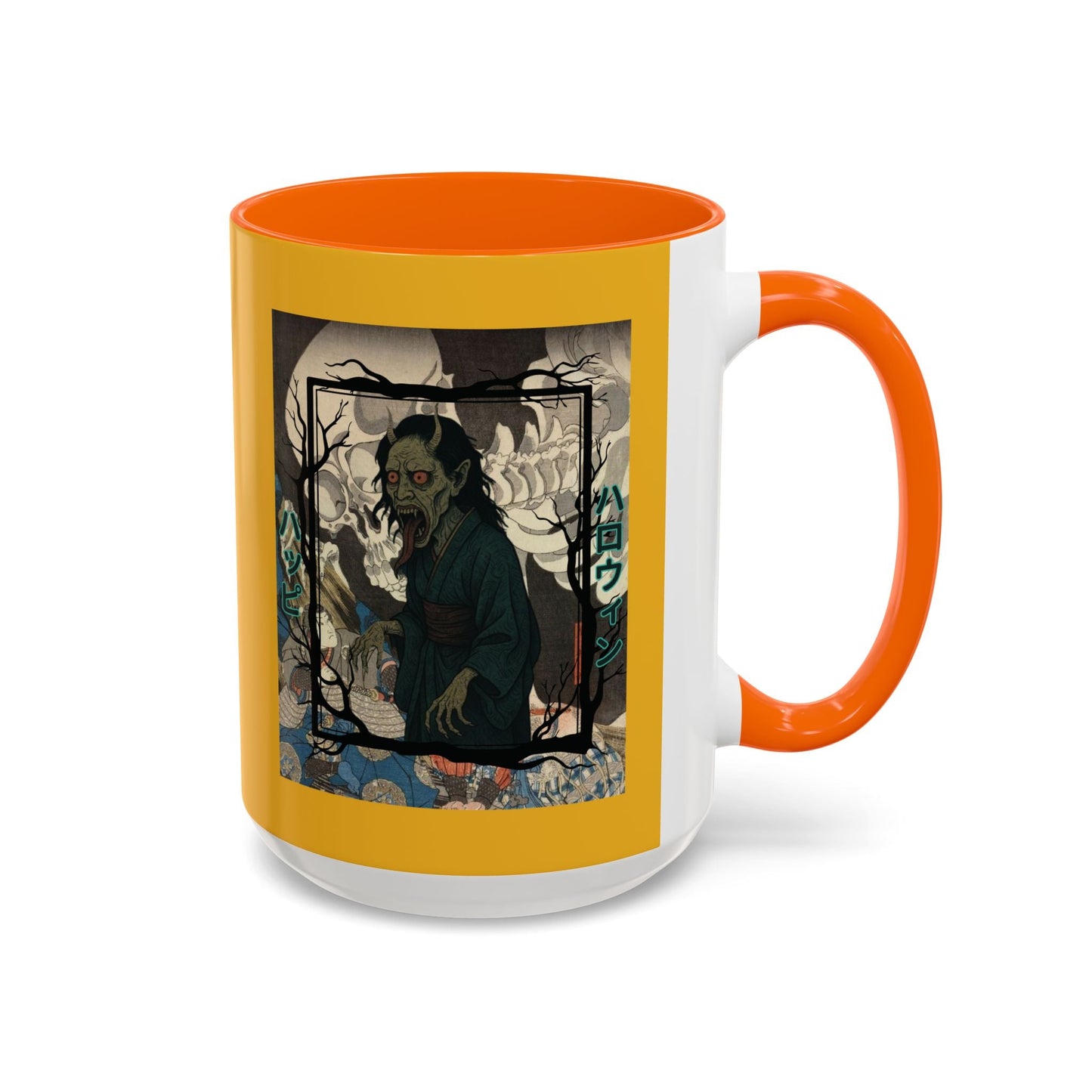 Yōkai Happy Halloween Yellow Accent Mug by cypherpunkgear.com – cypherpunkgear.com | Cypherpunk Merch