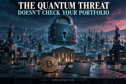Bitcoin token and plain bank card beneath a shared cryptographic lock overlooking a connected city. Conceptual illustration, not an actual system map.