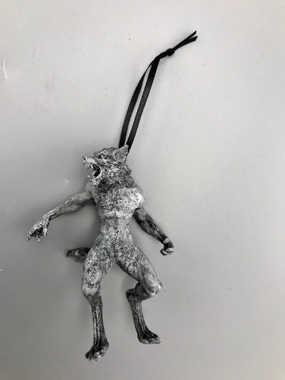 Werewolf Ornament, Grayscale, Hand Painted Resin Sculpture | Gothic Halloween Legendary Monster | Dark Folklore for Spooky Holiday Ornament