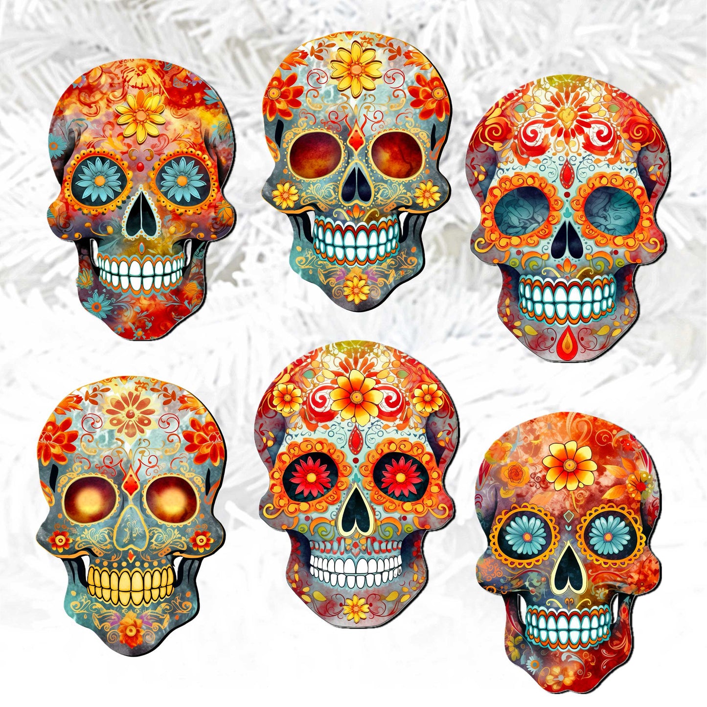 Sugar Skulls Clip-On Eco Wood Decorative Ornaments Set of 6 by G. Debrekht - Halloween Decor - 8090071C-S6