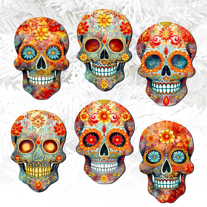 Sugar Skulls Clip-On Eco Wood Decorative Ornaments Set of 6 by G. Debrekht - Halloween Decor - 8090071C-S6
