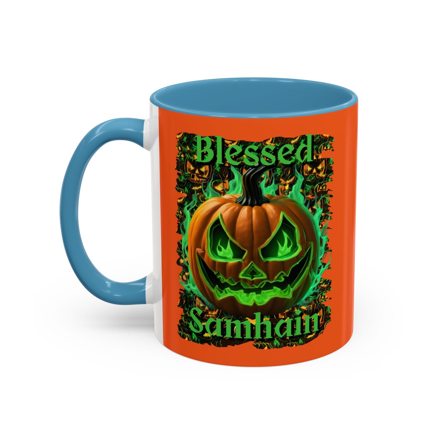 Blessed Samhain Green Jack Orange Accent Mug by CreepyCrafts.boo