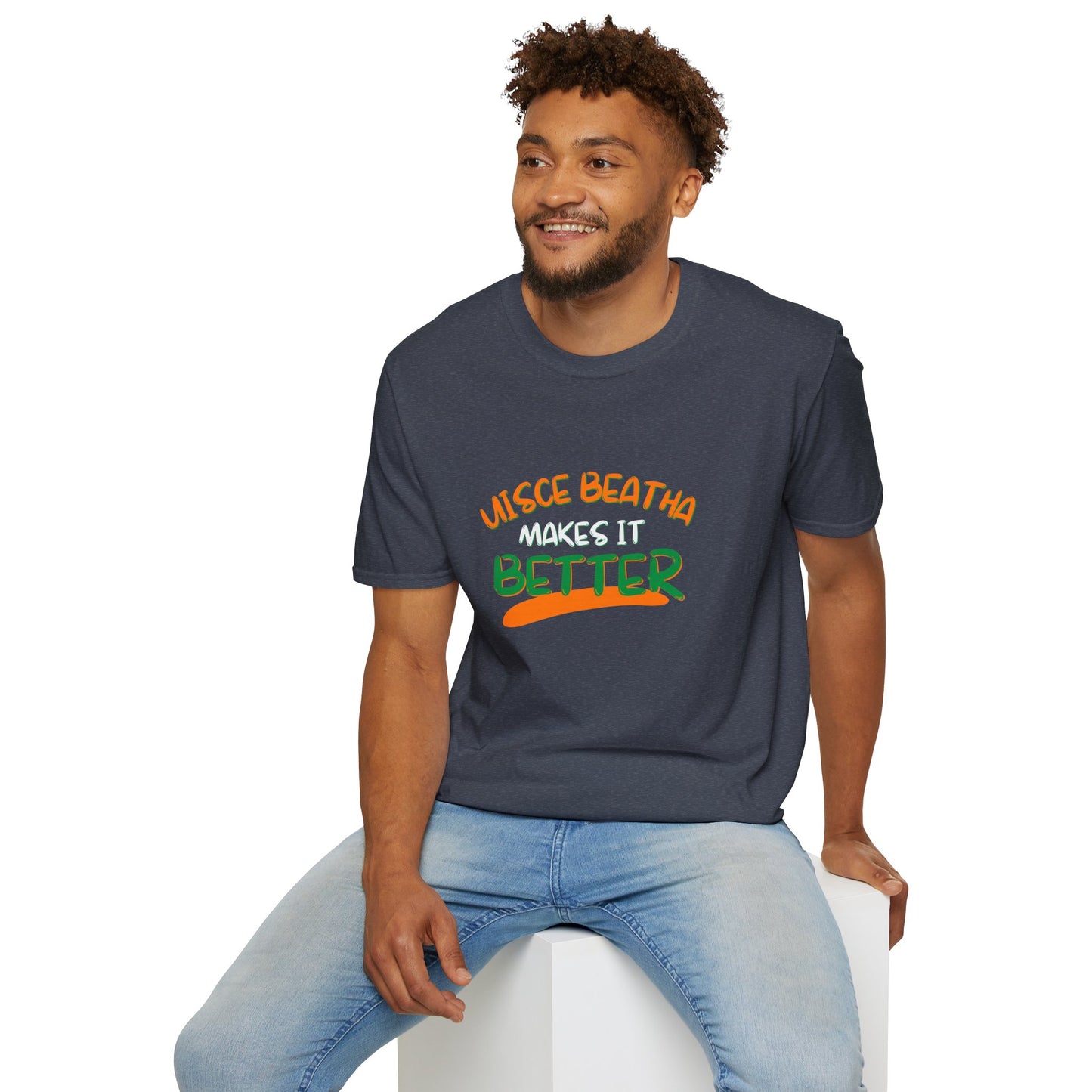Uisce Beatha makes it better Orange, White, and Green font Dark colors Unisex T-Shirt by cypherpunkgear.com