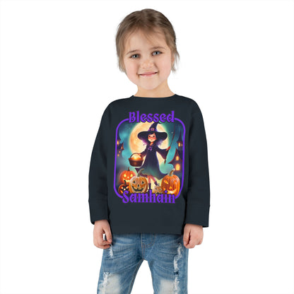 Blessed Samhain Little Witch Purple font Toddler Long Sleeve Tee by CreepyCrafts.boo