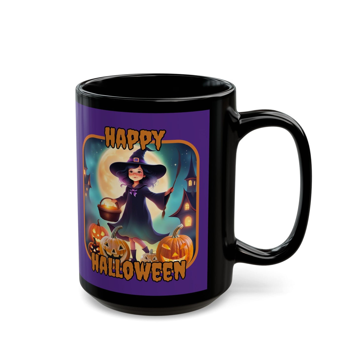 Happy Halloween Little Witch Orange font Purple Mug by CreepyCrafts.boo