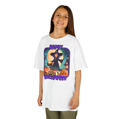 Happy Halloween Little Witch Purple font Kids Heavy Cotton™ Tee by CreepyCrafts.boo