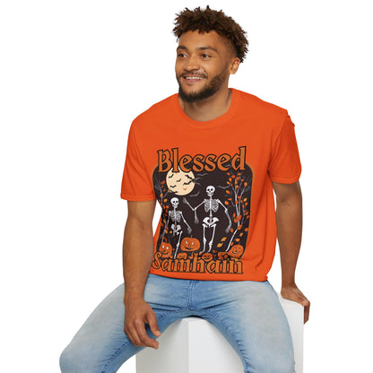 Spooktacular Skeletons of Samhain Light colors Unisex T-Shirt by CreepyCrafts.boo