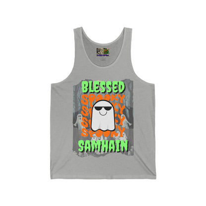 Spooky Blessed Samhain Ghost Green font Unisex Jersey Tank Top by CreepyCrafts.boo