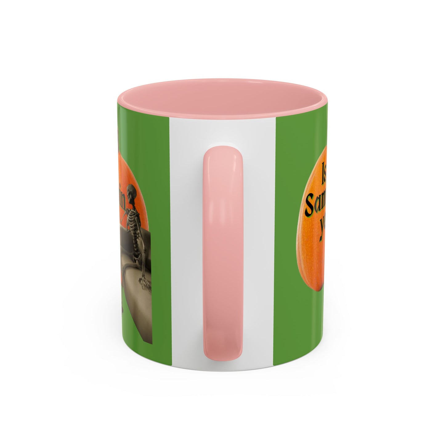 Is It Samhain Yet? Skeleton's Giant Pumpkin Green Accent Mug by CreepyCrafts.boo
