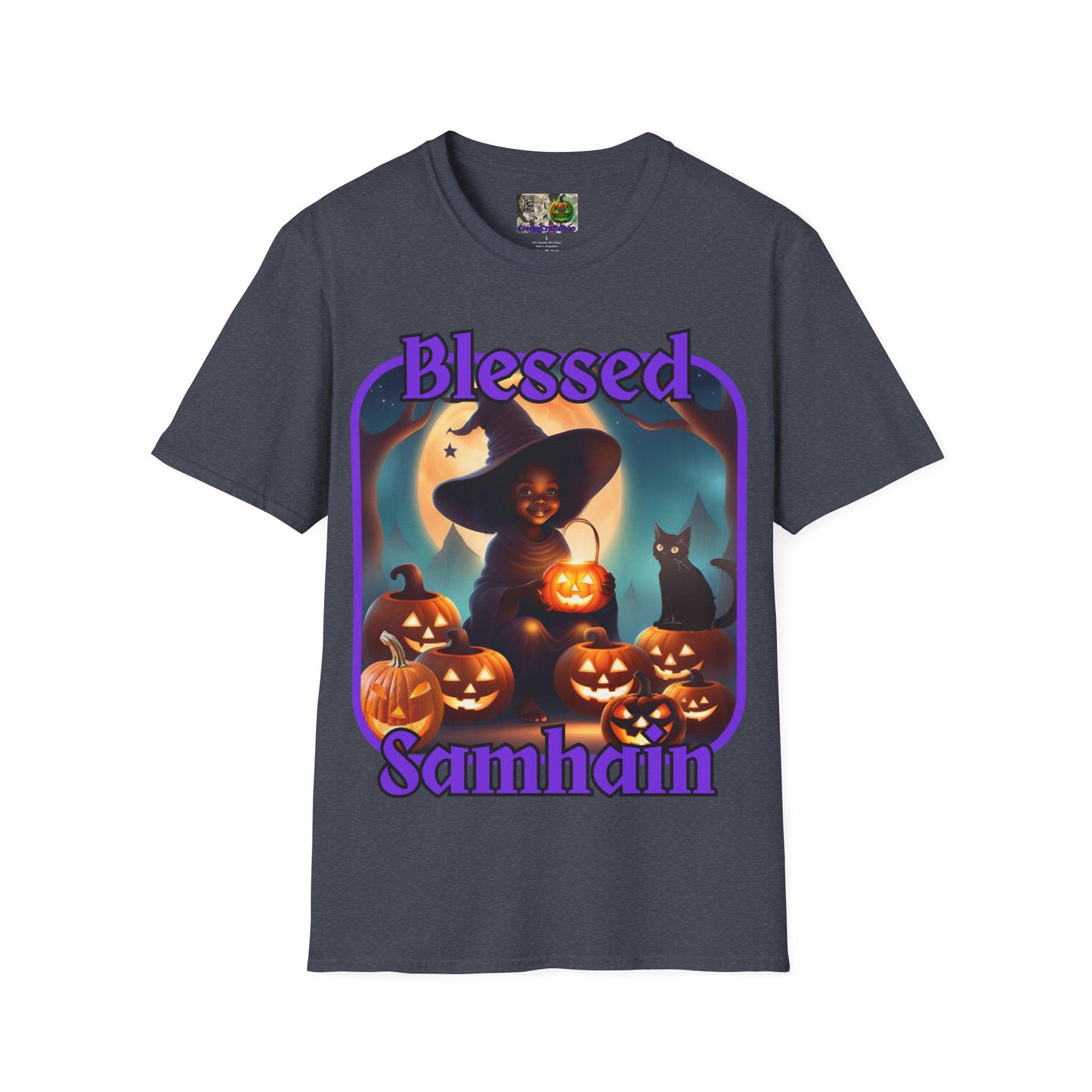 Blessed Samhain Cute Witch Purple font Dark colors Unisex T-Shirt by CreepyCrafts.boo
