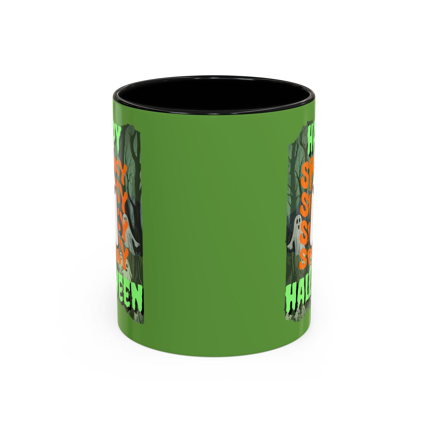 Spooky Happy Halloween Ghost Green font Green Accent Mug by CreepyCrafts.boo