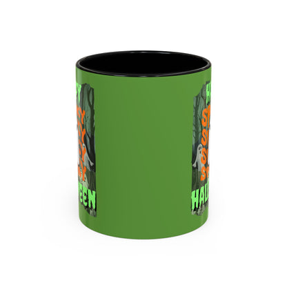 Spooky Happy Halloween Ghost Green font Green Accent Mug by CreepyCrafts.boo