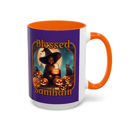 Blessed Samhain Cute Witch Orange font Purple Accent Mug by CreepyCrafts.boo
