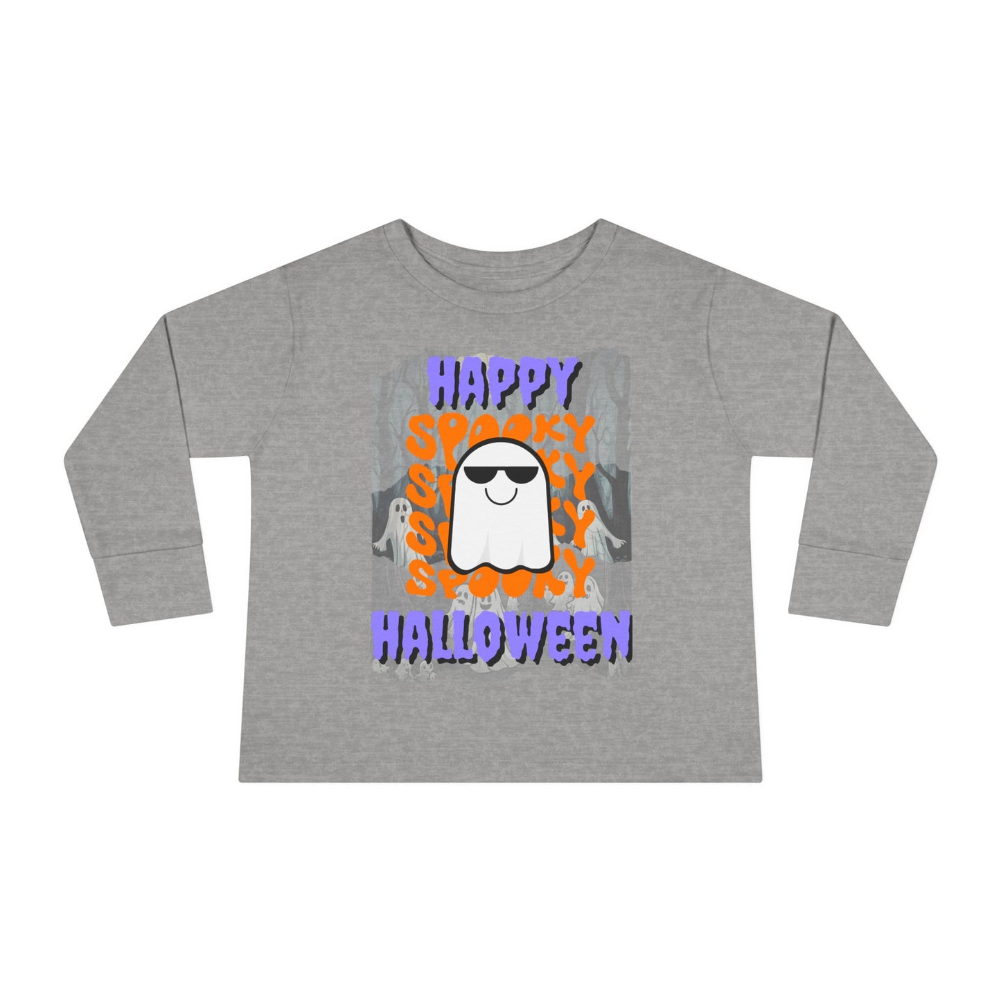 Spooky Happy Halloween Ghost Purple font Toddler Long Sleeve Tee by CreepyCrafts.boo