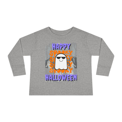 Spooky Happy Halloween Ghost Purple font Toddler Long Sleeve Tee by CreepyCrafts.boo