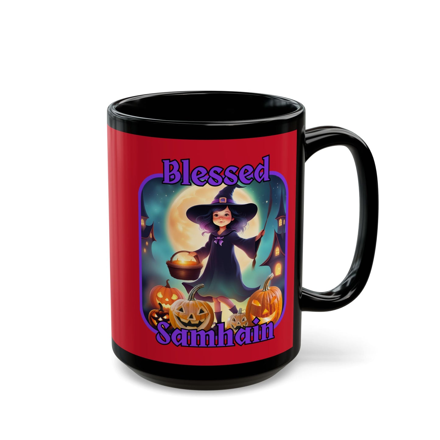 Blessed Samhain Little Witch Purple font Red Mug by CreepyCrafts.boo