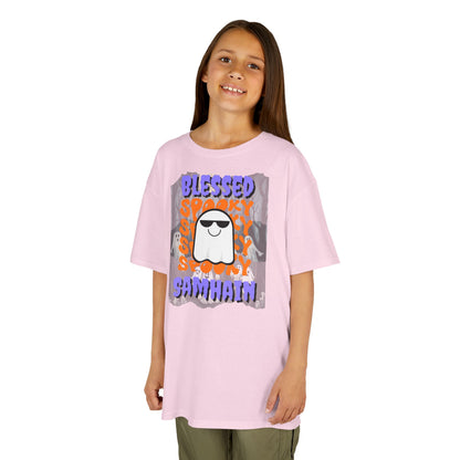Spooky Blessed Samhain Ghost Purple font Kids Heavy Cotton™ Tee by CreepyCrafts.boo