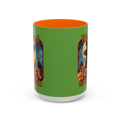 Blessed Samhain Cute Witch Orange font Green Accent Mug by CreepyCrafts.boo