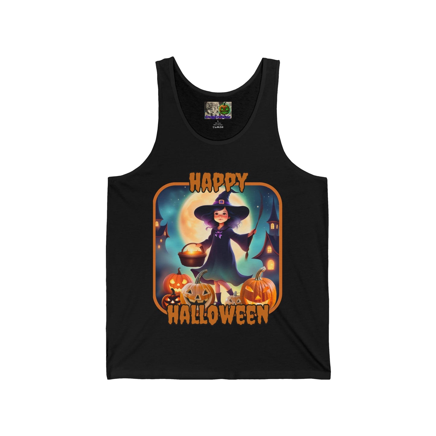 Happy Halloween Little Witch Orange font Unisex Jersey Tank Top by CreepyCrafts.boo
