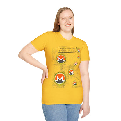 Monero (XMR) don't assume your freedoms are assured Light colors Unisex T-Shirt by cypherpunkgear.com