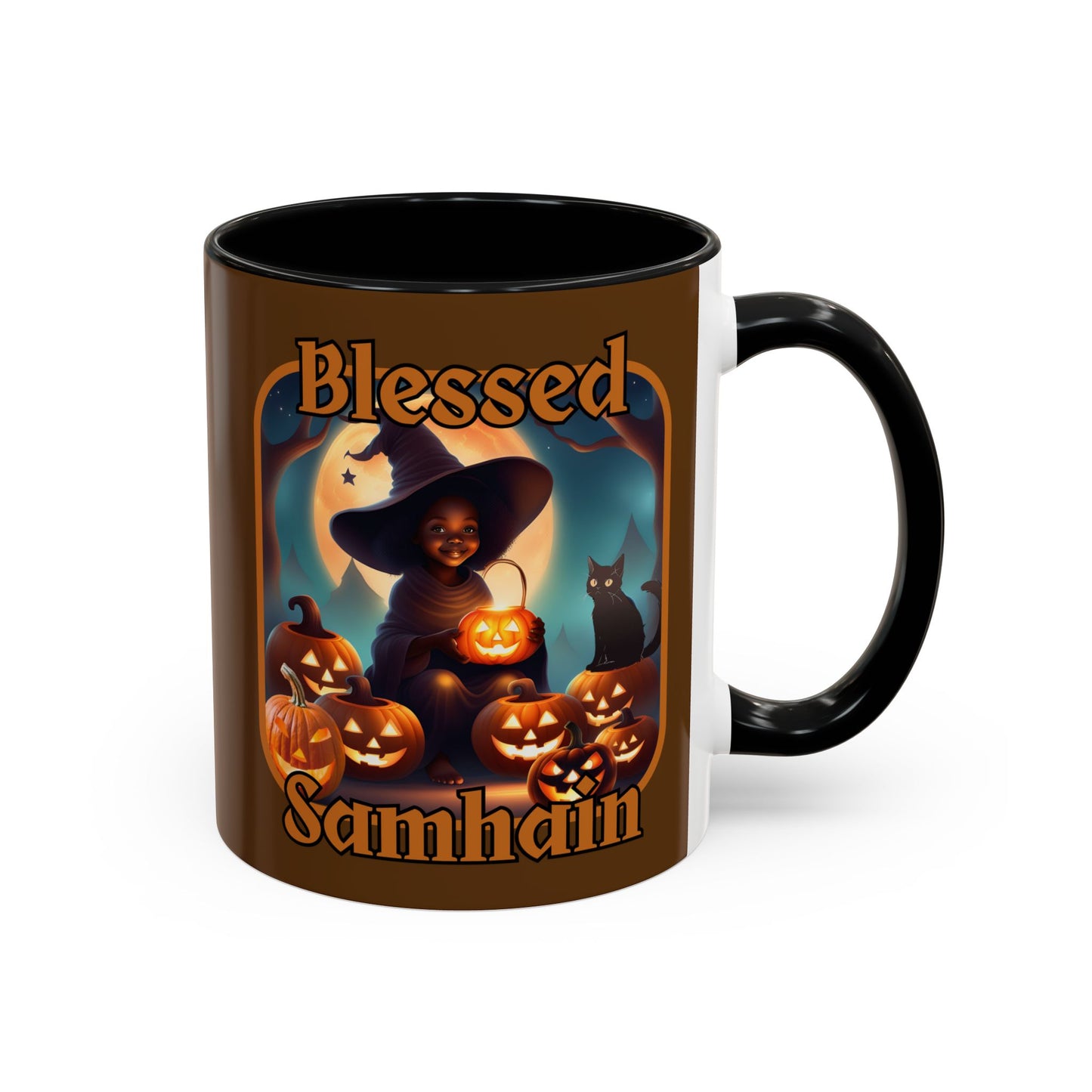 Blessed Samhain Cute Witch Orange font Brown Accent Mug by CreepyCrafts.boo