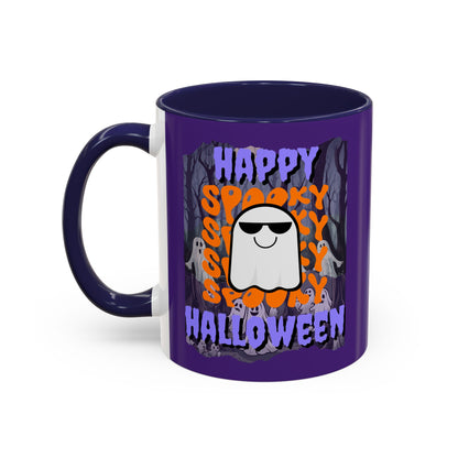 Spooky Happy Halloween Ghost Purple font Purple Accent Mug by CreepyCrafts.boo