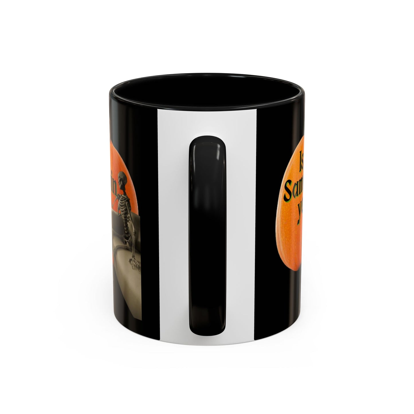 Is It Samhain Yet? Skeleton's Giant Pumpkin Black Accent Mug by CreepyCrafts.boo