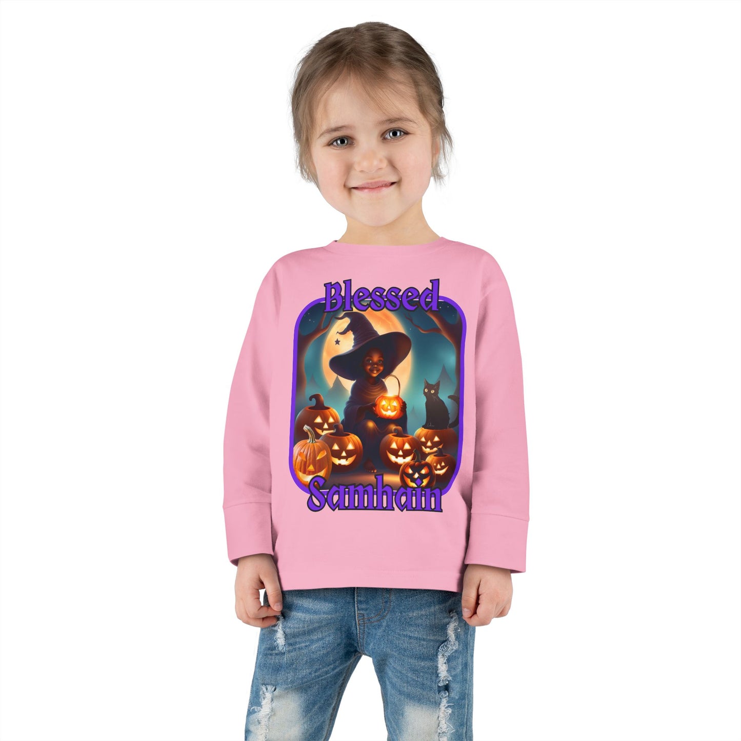 Blessed Samhain Cute Witch Purple font Toddler Long Sleeve Tee by CreepyCrafts.boo
