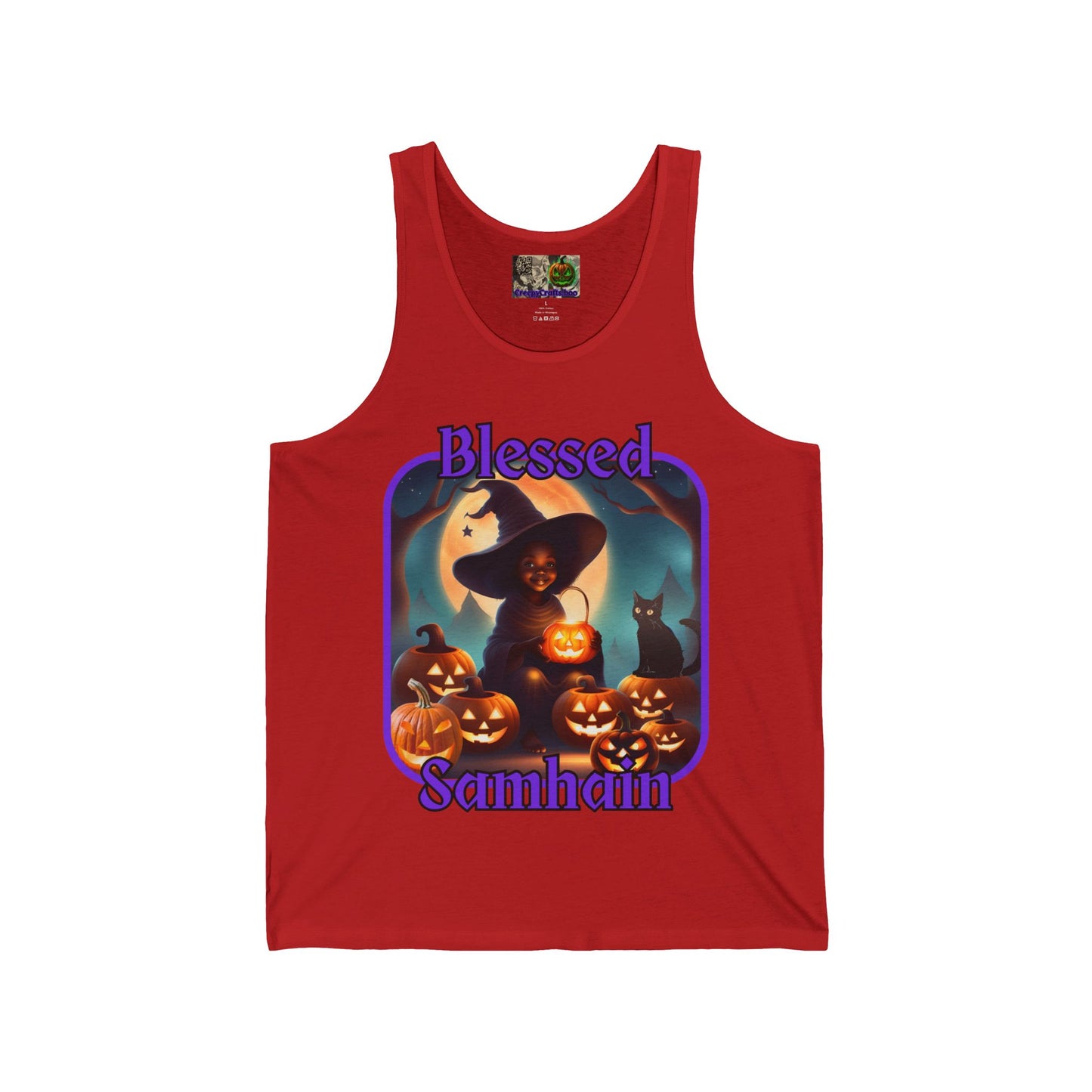 Blessed Samhain Cute Witch Purple font Unisex Jersey Tank Top by CreepyCrafts.boo