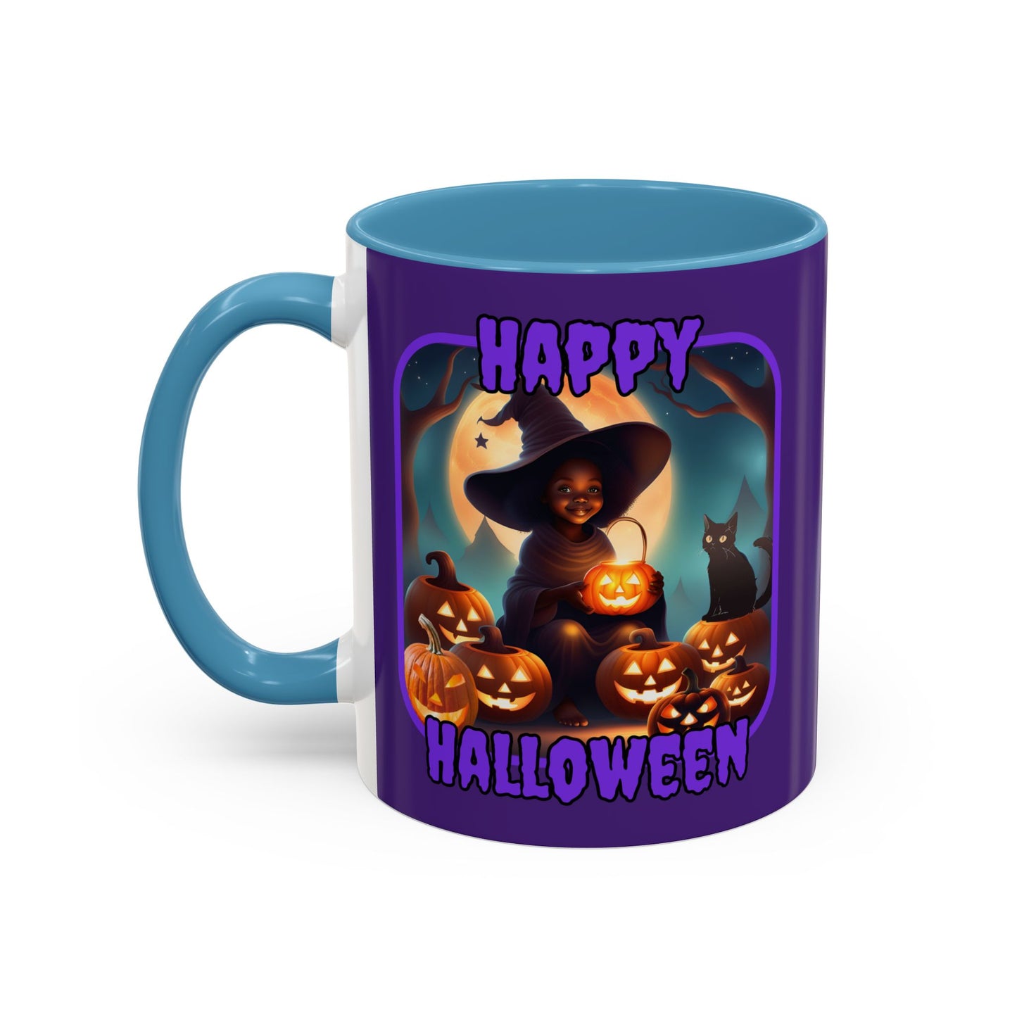 Happy Halloween Cute Witch Purple font Purple Accent Mug by CreepyCrafts.boo