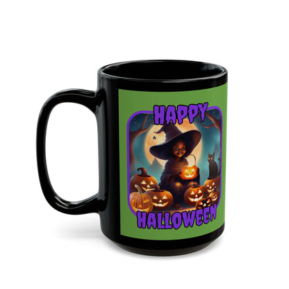 Happy Halloween Cute Witch Purple font Green Mug by CreepyCrafts.boo