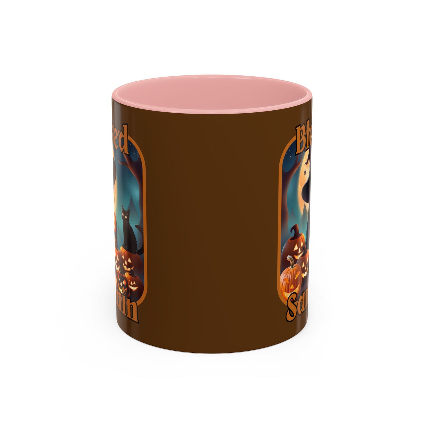 Blessed Samhain Cute Witch Orange font Brown Accent Mug by CreepyCrafts.boo