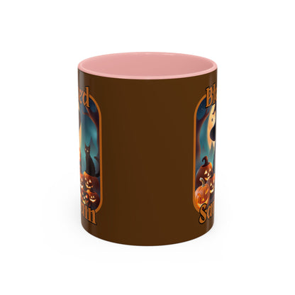 Blessed Samhain Cute Witch Orange font Brown Accent Mug by CreepyCrafts.boo