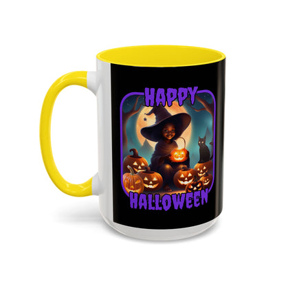 Happy Halloween Cute Witch Purple font Black Accent Mug by CreepyCrafts.boo