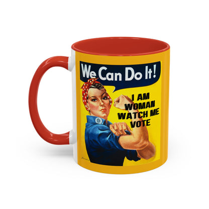 I Am Woman Watch Me Vote Rosie Yellow Accent Mug by cypherpunkgear.com