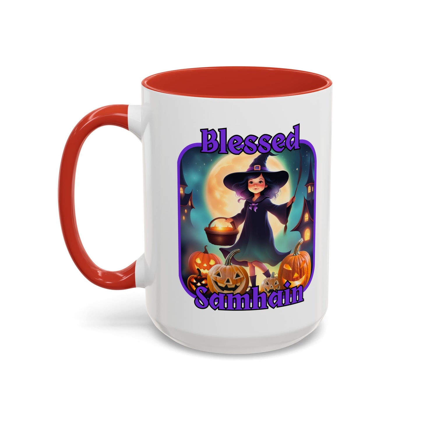 Blessed Samhain Little Witch Purple font White Accent Mug by CreepyCrafts.boo
