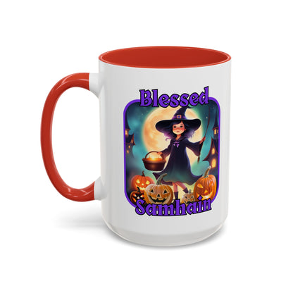 Blessed Samhain Little Witch Purple font White Accent Mug by CreepyCrafts.boo