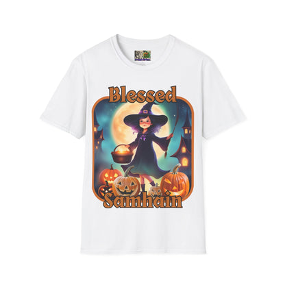 Blessed Samhain Little Witch Orange font Light colors Unisex T-Shirt by CreepyCrafts.boo