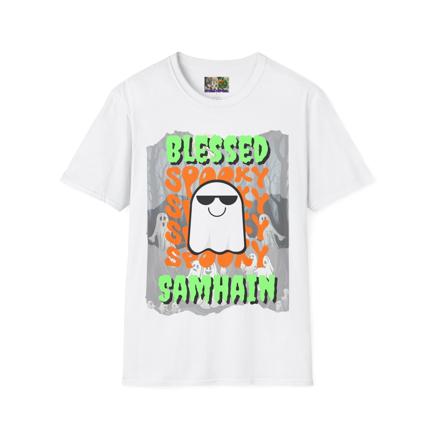 Spooky Blessed Samhain Ghost Green font Unisex T-Shirt by CreepyCrafts.boo